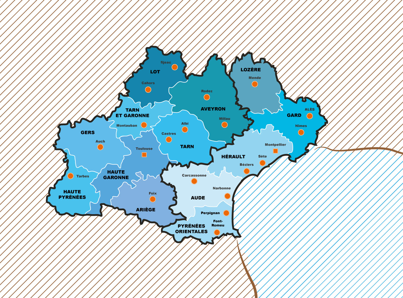 carte présentant départements et villes de la région occitanie