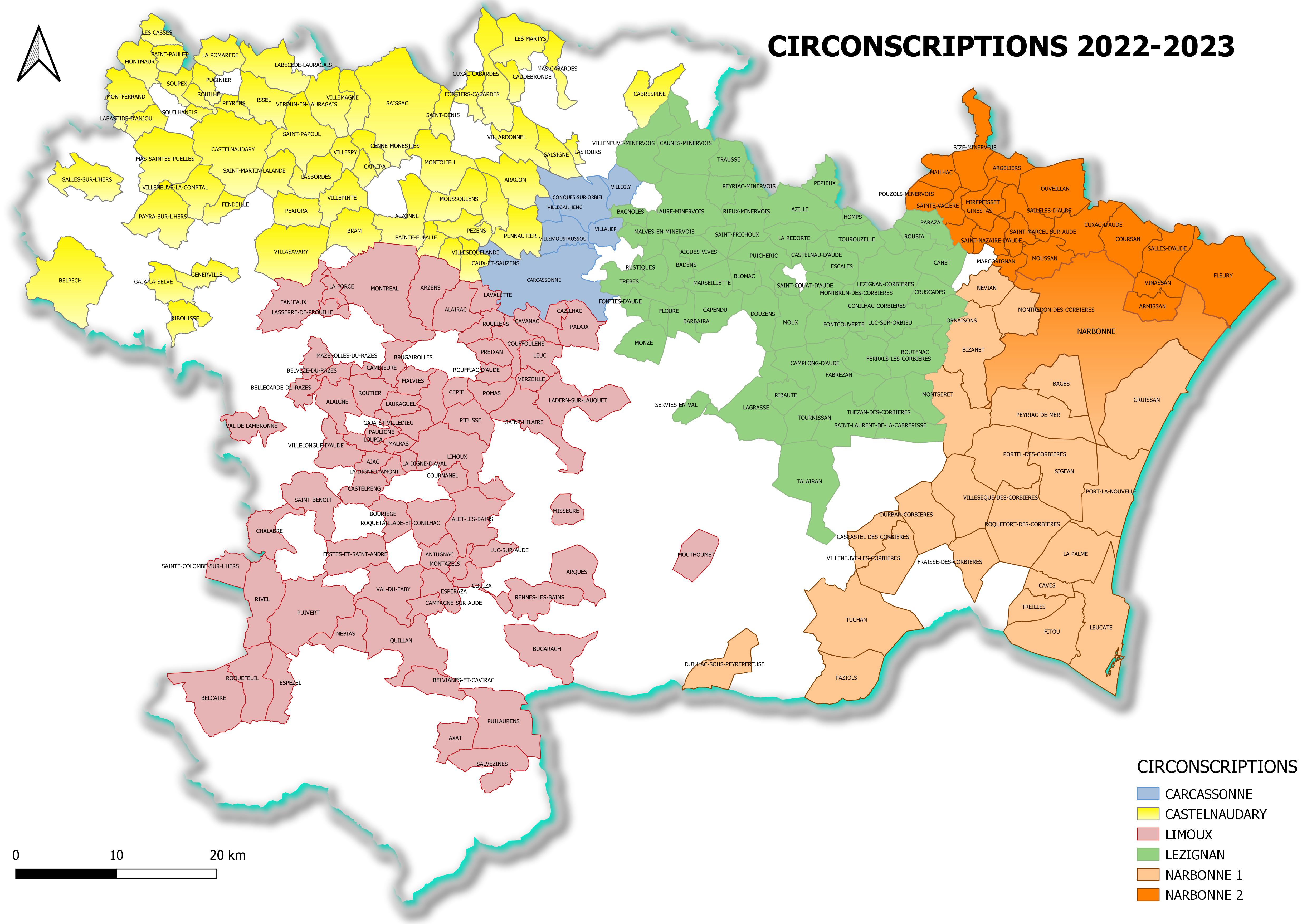 Carte des circonscriptions de l'Aude 2022