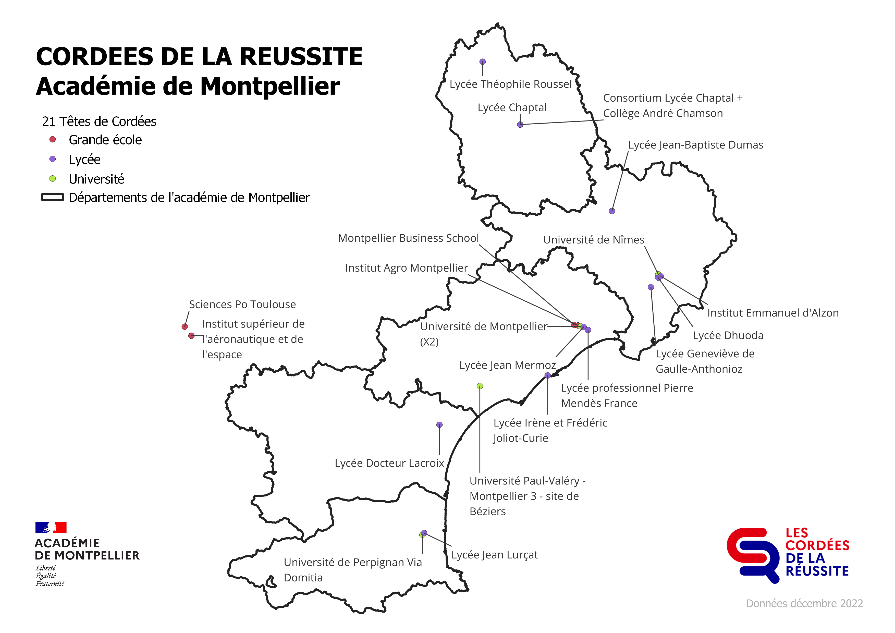 Carte des départements de l'académie de Montpellier avec la situation géographique des 21 Têtes de Cordées (3 en Lozère, 5 dans le Gard, 8 dans l'Hérault, 1 dans l'Aude, 2 dans les Pyrénées-Orientales et 2 dans l'académie de Toulouse qui encordent des élèves de l'académie de Montpellier))