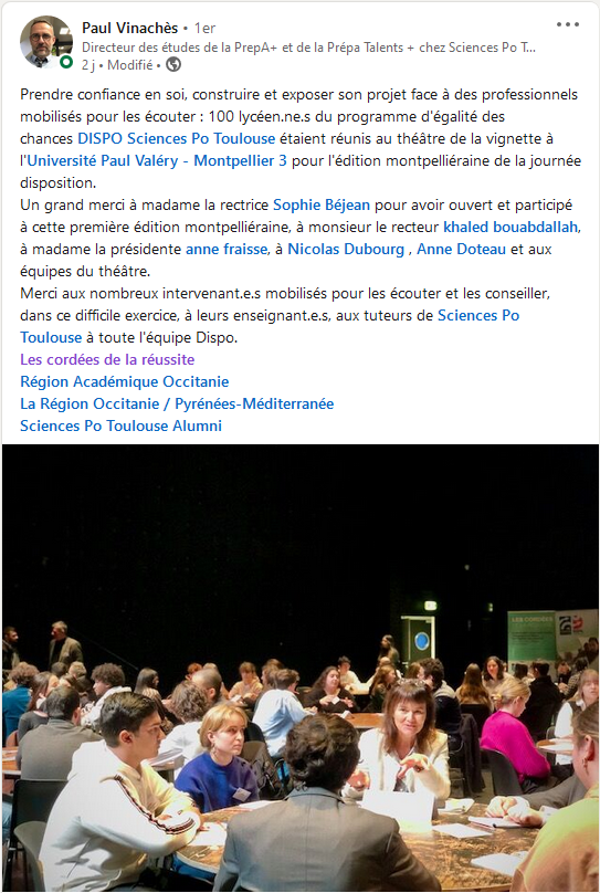 Post LinkedIn décrivant la journée DISPOSITIONS de l'IEP de Toulouse
