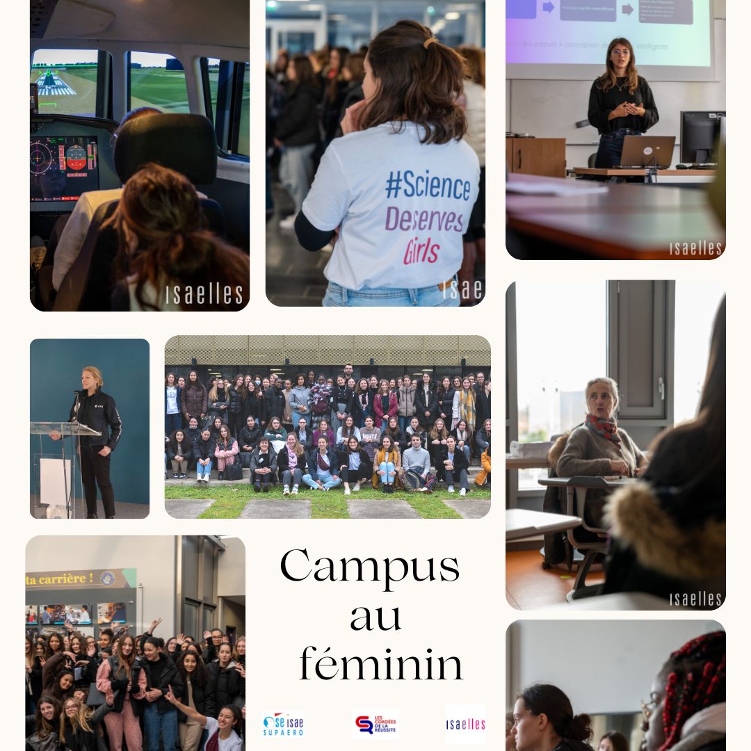 patchwork de photos (femme ingénieure qui parle, élèves qui essayent un simulateur de vol, photo de groupe de tous les élèves participantes