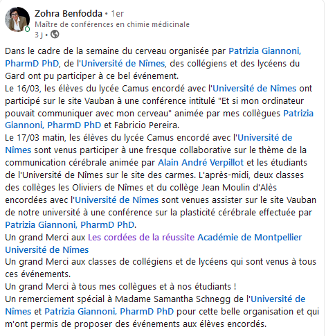 Post LinkedIn décrivant l'action