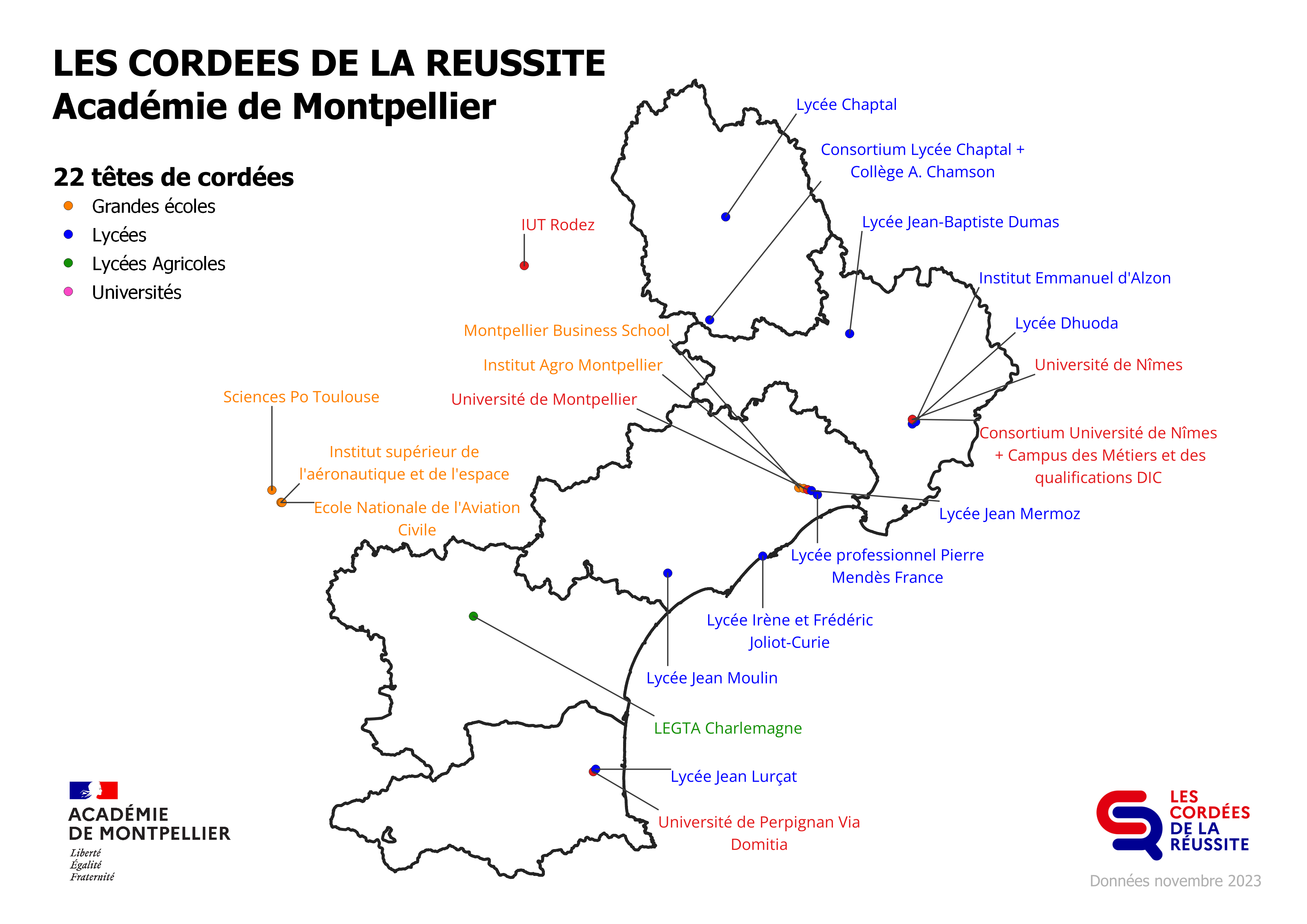 Carte géographique situant chacune des 22 cordées de la réussite qui interviennent sur l'académie de Montpellier. 1 cordée dans l'Aude (Carcassonne) 5 cordées dans le Gard (Alès et Nîmes) 8 cordées dans l'Hérault (Béziers, Montpellier et Sète) 2 cordées en Lozère (Mende et Meyrueis) + 1 cordée en Aveyron (Rodez) qui intervient exclusivement en Lozère 2 cordées dans les Pyrénées-Orientales (Perpignan) 3 cordées en Haute-Garonne (Toulouse) qui interviennent sur les départements de l'Aude, de l'Hérault et des 