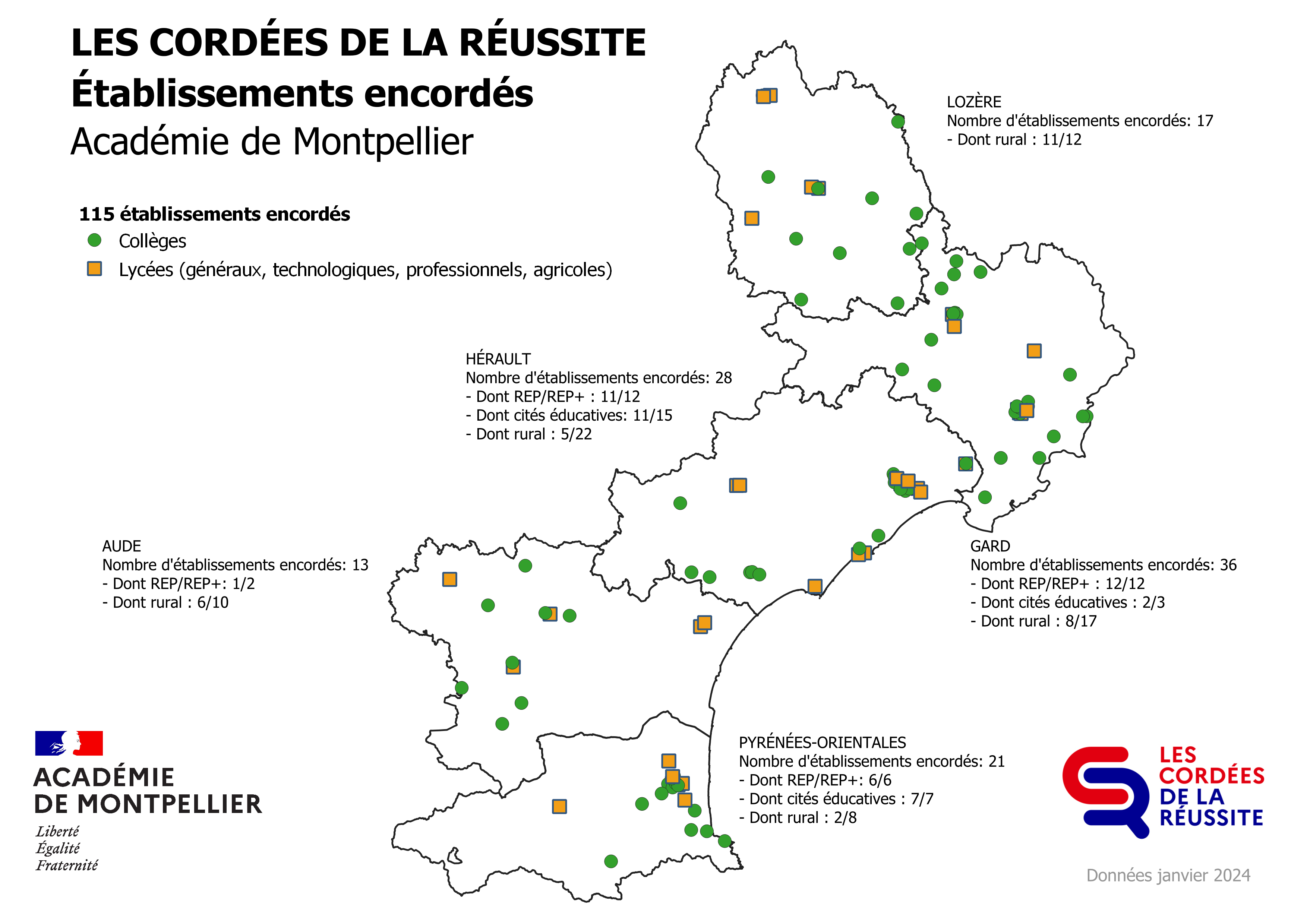 Carte géographique de l'académie de Montpellier situant les établissements secondaires faisant partie des Cordées de la réussite