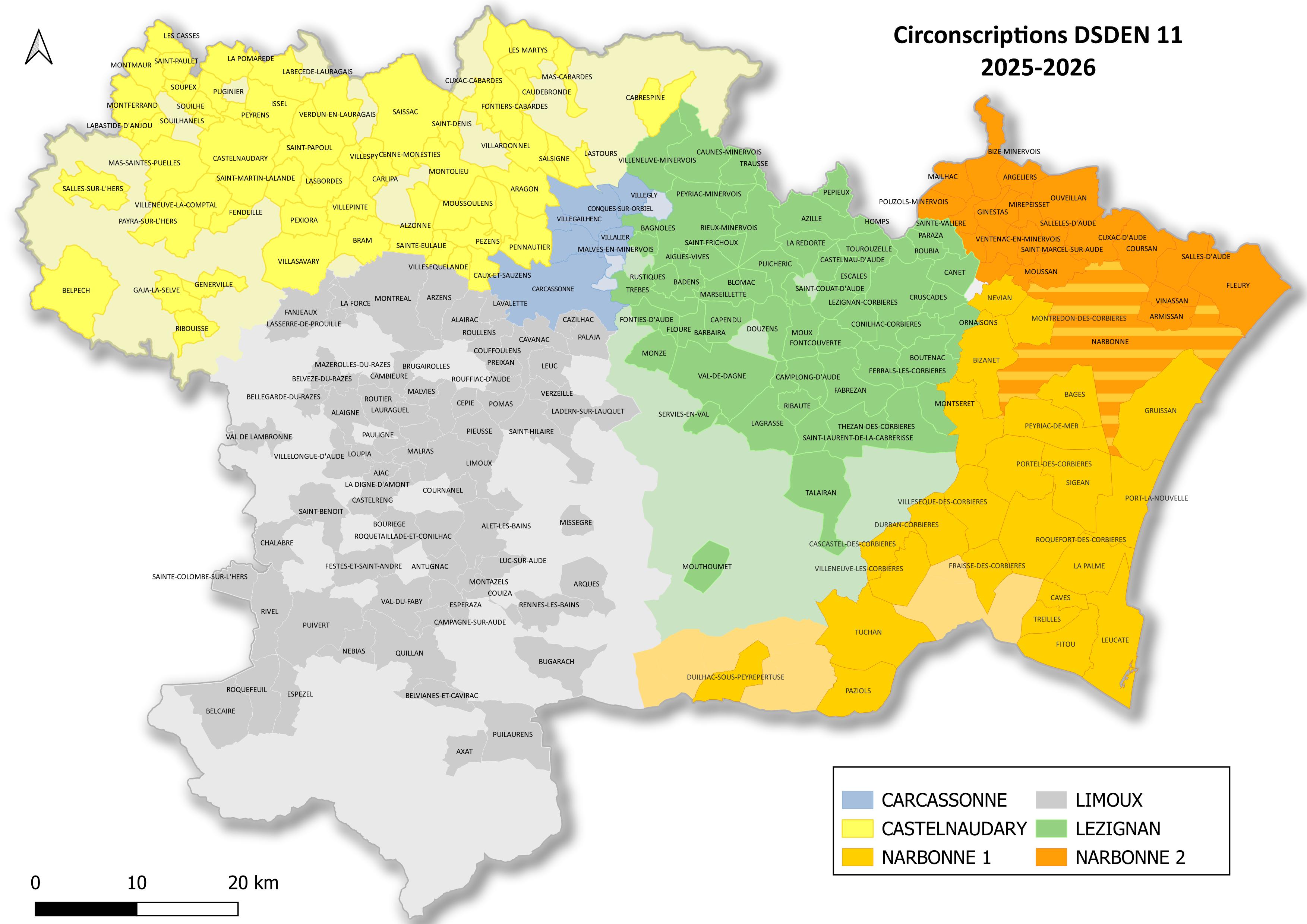 Carte des circonscriptions 1er degré - DSDEN 11 au 04/07/2025