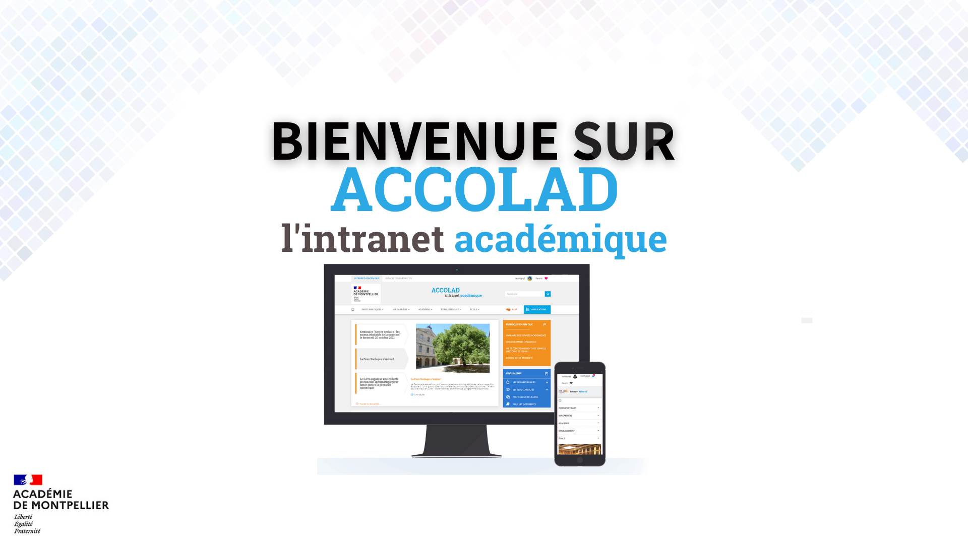 Présentation de l'intranet Accolad sur un écran d'ordinateur et téléphone portable sur un fond blanc avec des petits carreaux bleus