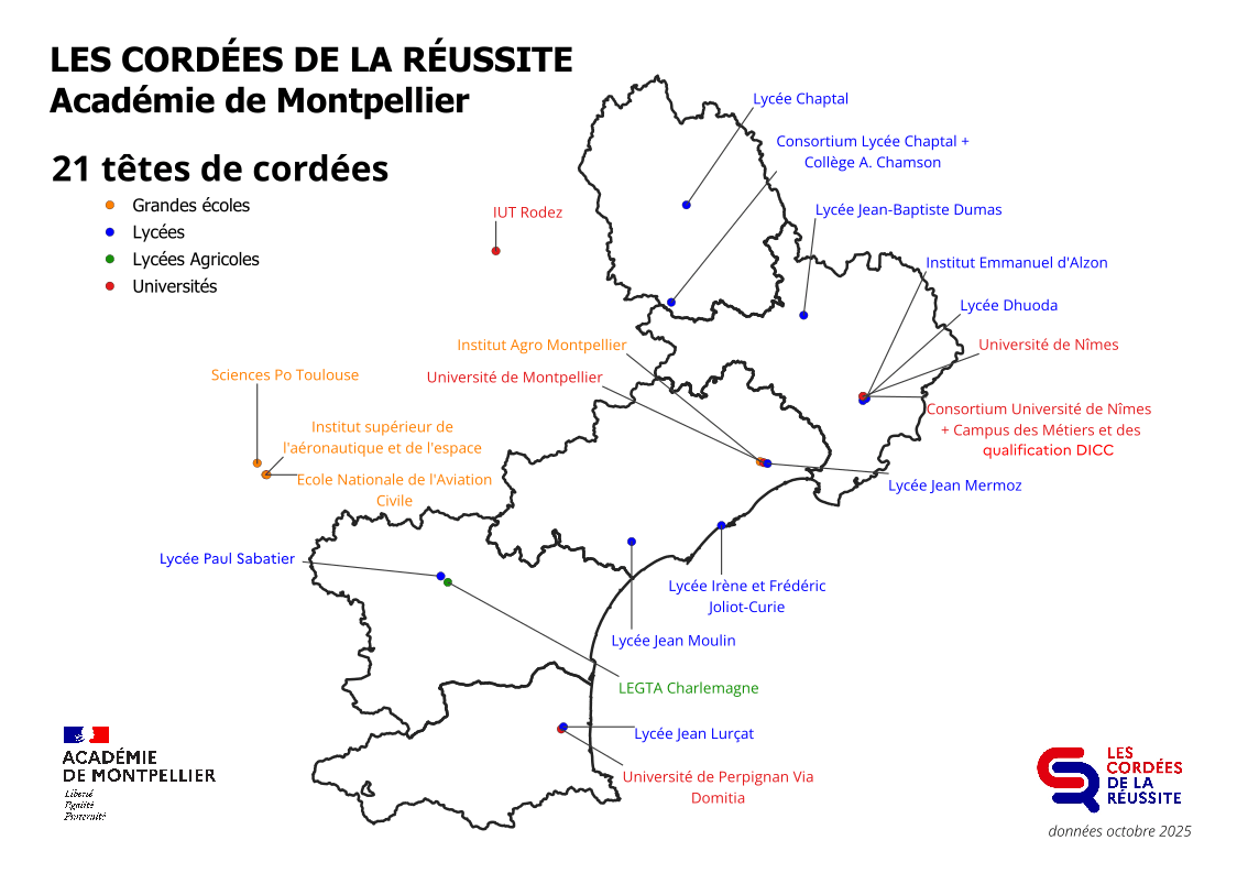 Carte de l'académie de MTP pointant les différentes têtes de cordées présentes sur les 5 départements (2 en Lozère, 5 dans le Gard, 5 dans l'Hérault, 2 dans l'Aude, 2 dans les PO, 3 en Haute-Garonne et 1 en Aveyron (Cordées de région académique)