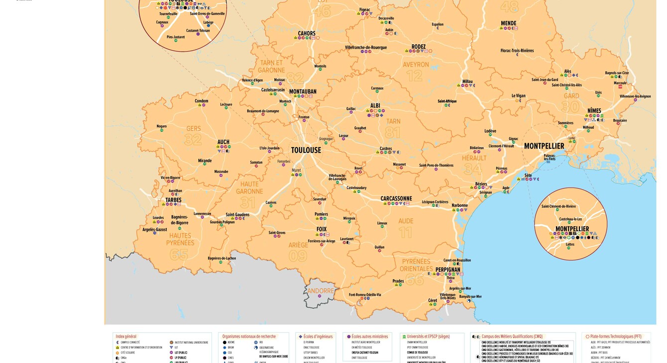 Carte indiquant l'emplacement des deux rectorats, des lycées et établissements d'enseignement supérieur de la région académique Occitanie (universités, écoles...). Elle fixe également la localisation des organismes nationaux de recherche, des campus connectés, des sièges des campus des métiers et des qualifications et des plateformes technologiques